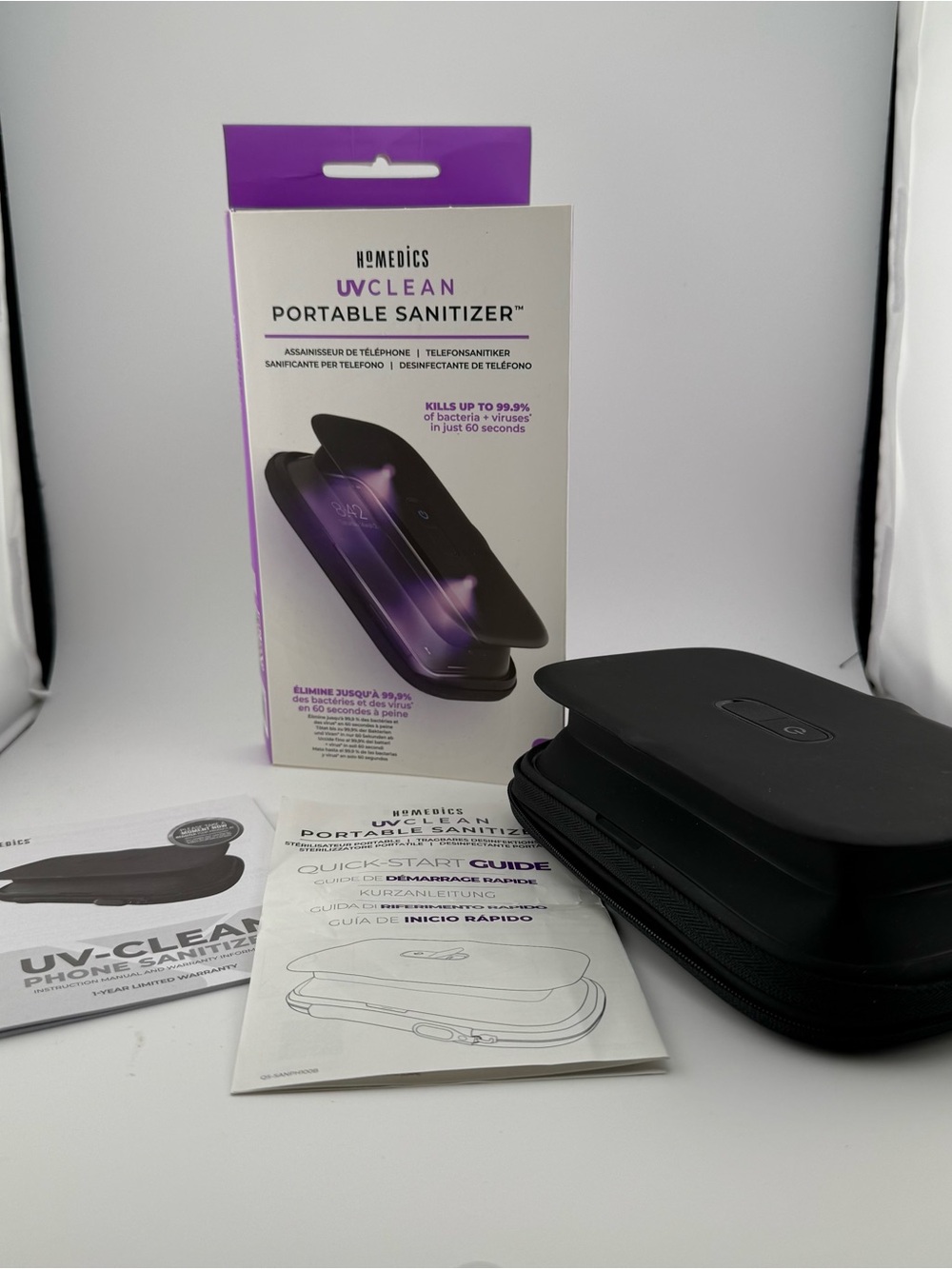 Homedics UVClean Portable Sanitizer Case in Black with Purple Box Accent